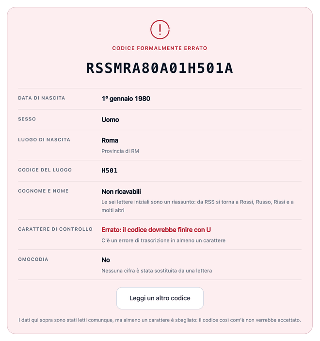 La scheda in rosso con il titolo Codice formalmente errato e l'indicazione della lettera finale attesa.